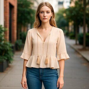 Chloe Oliver Anthropologie Cream Beaded Boho Ruffled Top Sz S